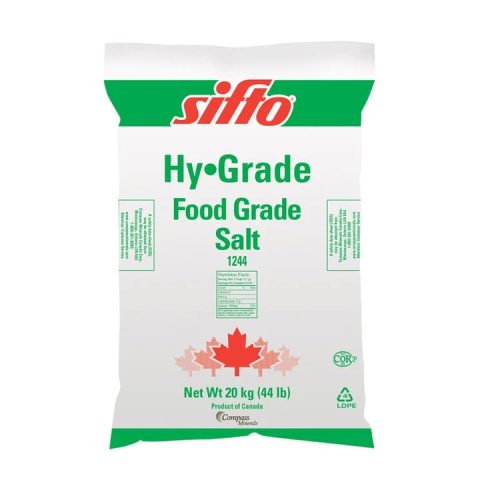 The front of a 20 kg bag of Sifto Hy-Grade Salt